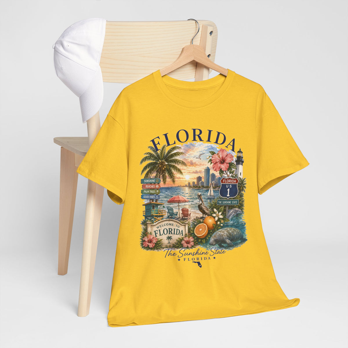 Florida Vintage Travel T-Shirt — Retro Beach Sunset, Lighthouse & Oranges Tee