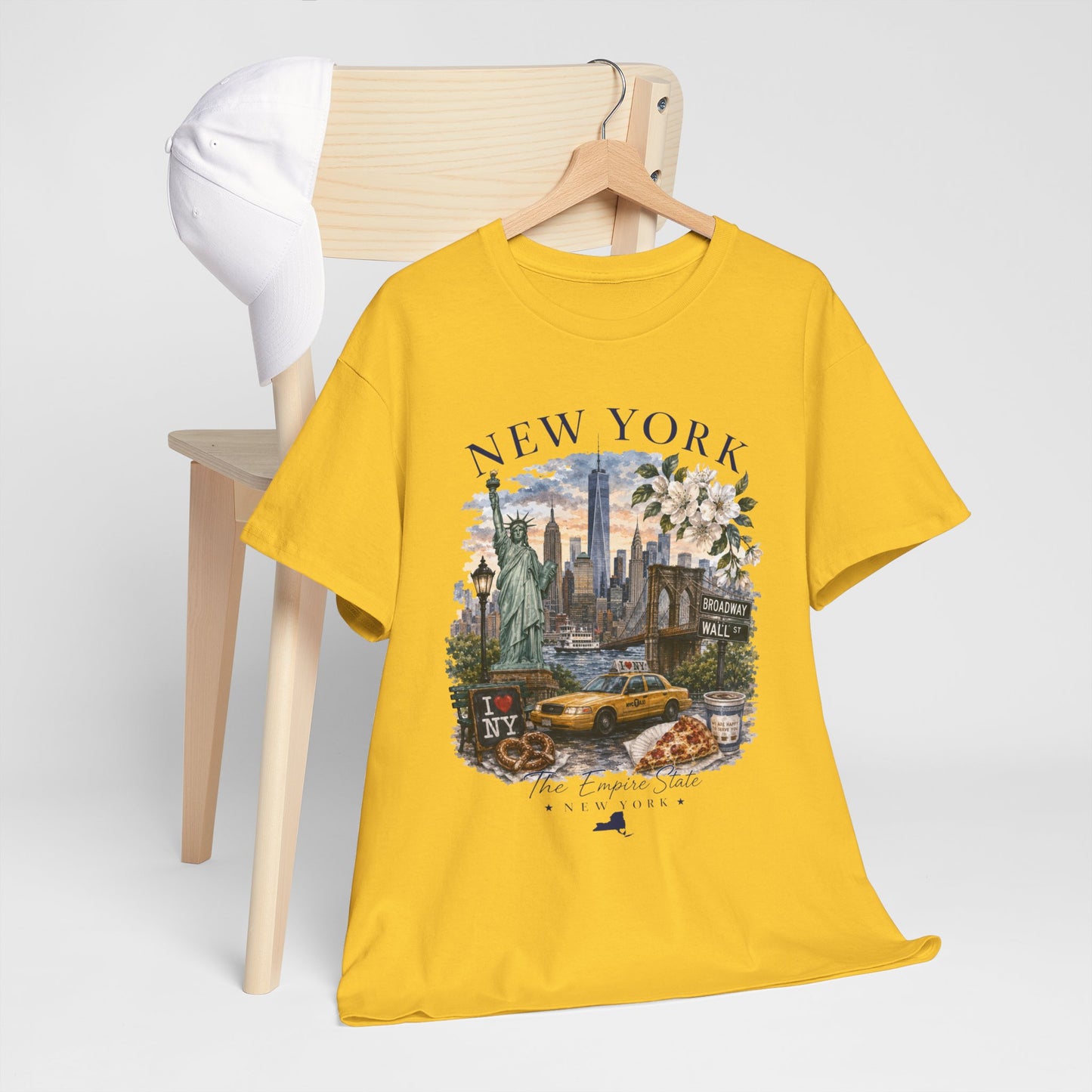 New York City Vintage Travel Tee — NYC Skyline, Yellow Cab & Landmark Collage