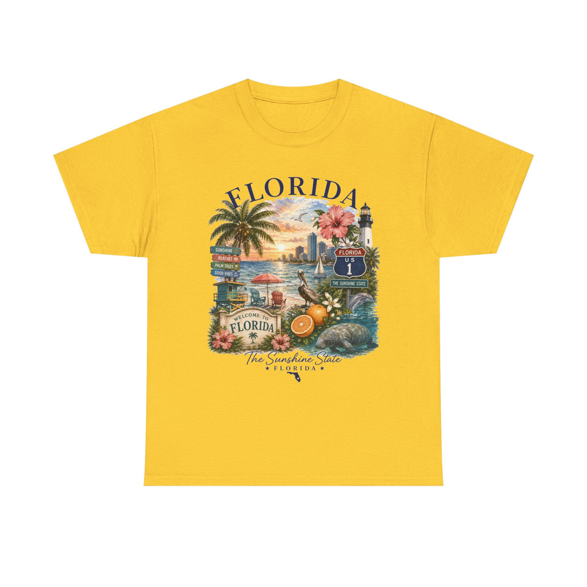 Florida Vintage Travel T-Shirt — Retro Beach Sunset, Lighthouse & Oranges Tee