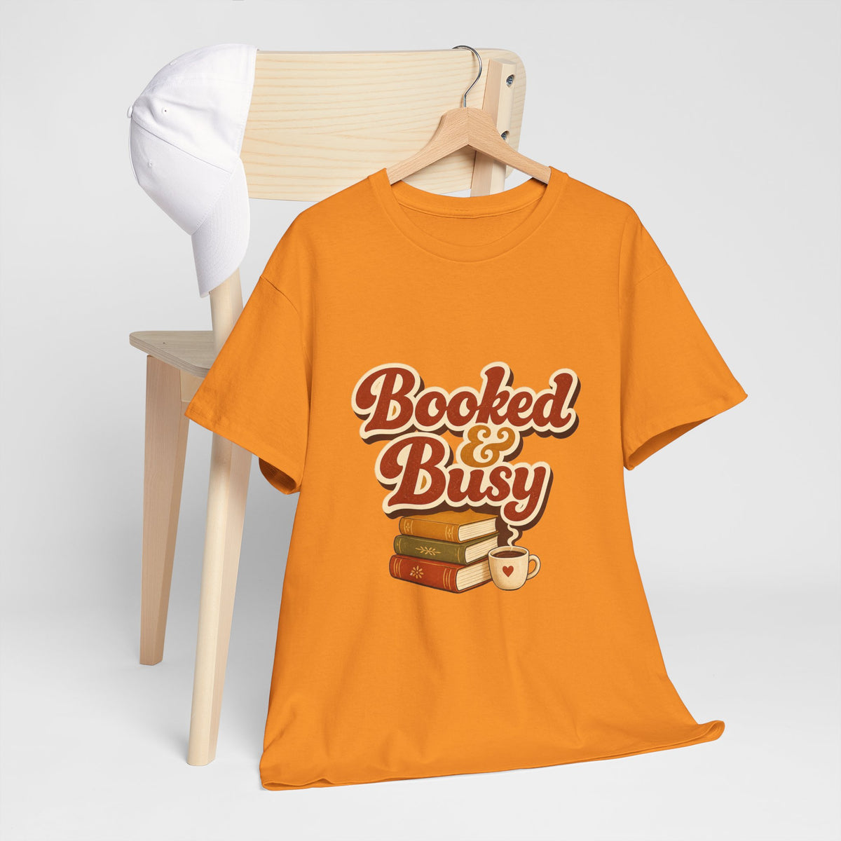 Booked & Busy T-Shirt — Cozy Book Lover Tee with Coffee Stack