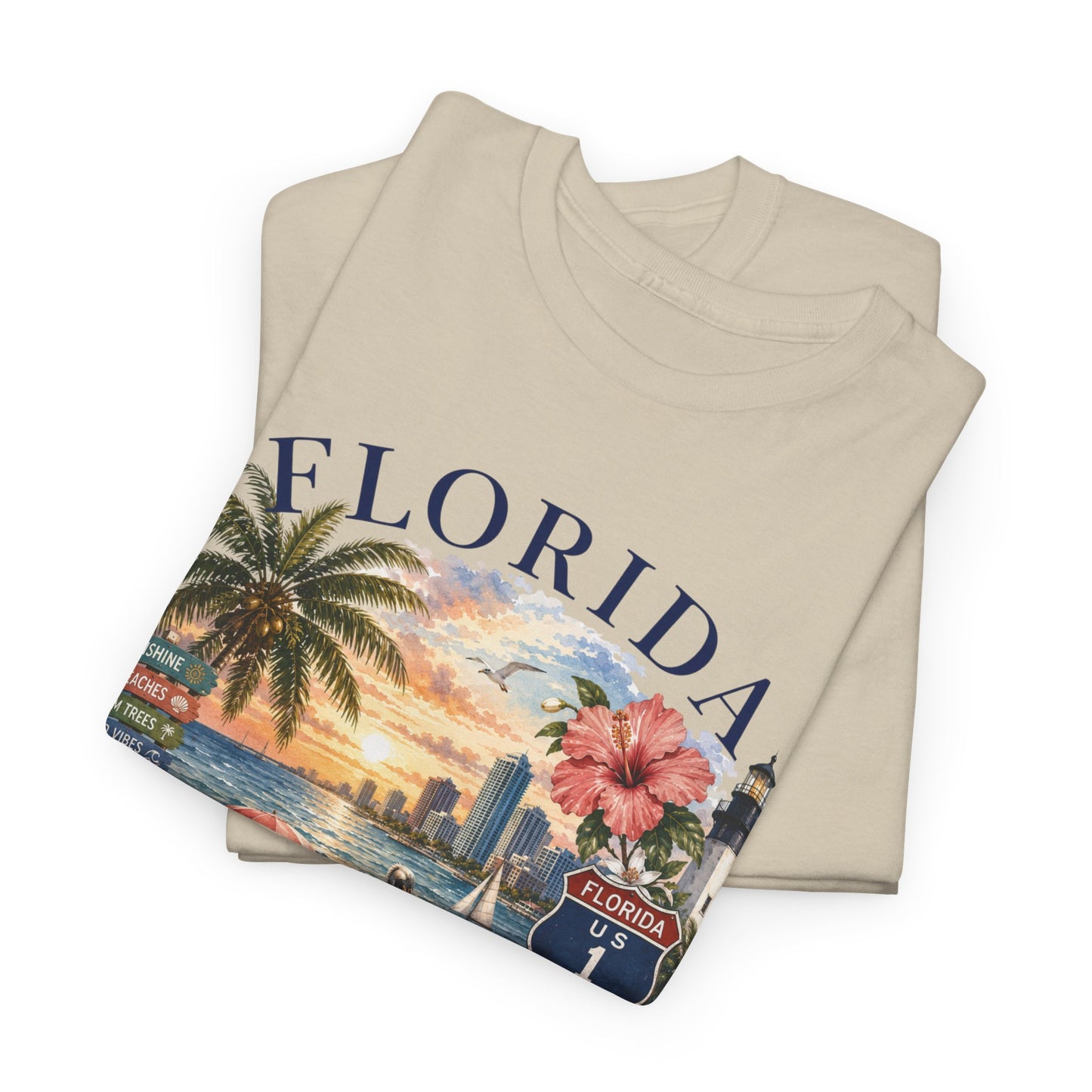 Florida Vintage Travel T-Shirt — Retro Beach Sunset, Lighthouse & Oranges Tee