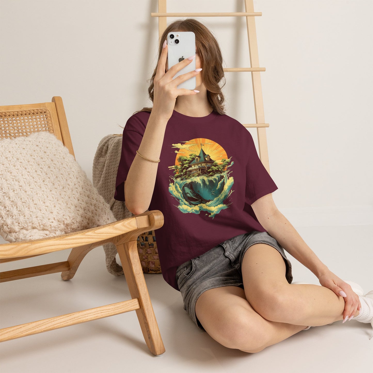 Scenic Whale & Cottage T-Shirt — Vintage Sunset Ocean Graphic Tee