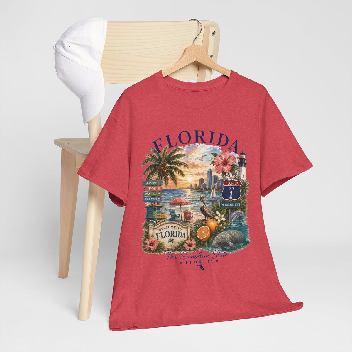 Florida Vintage Travel T-Shirt — Retro Beach Sunset, Lighthouse & Oranges Tee
