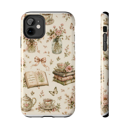 Tea & Pages Floral Tea & Books Tough Phone Case — Vintage Cottagecore Floral Pattern