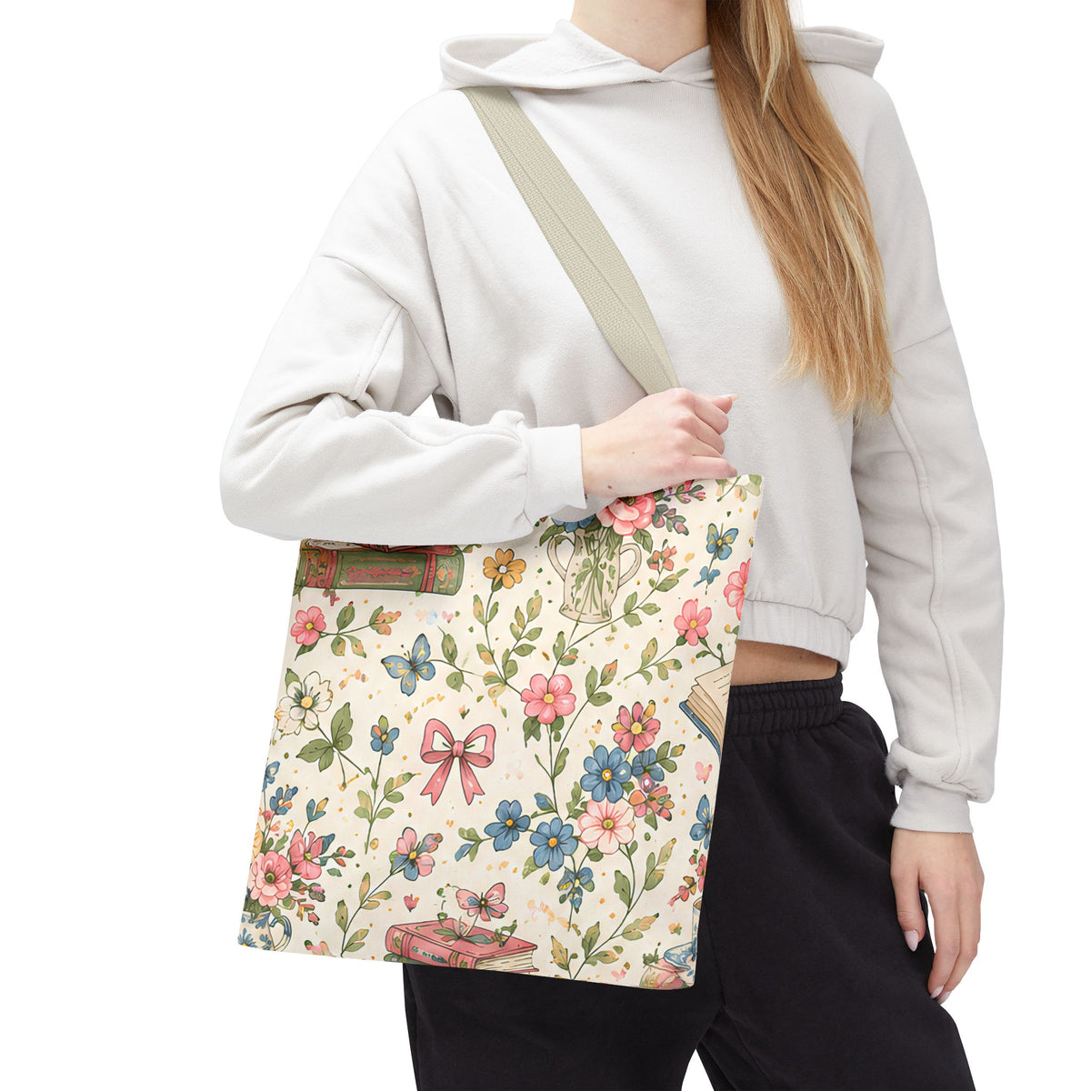 Bookish Blooms Floral Books Tote Bag — Vintage Garden Print AOP