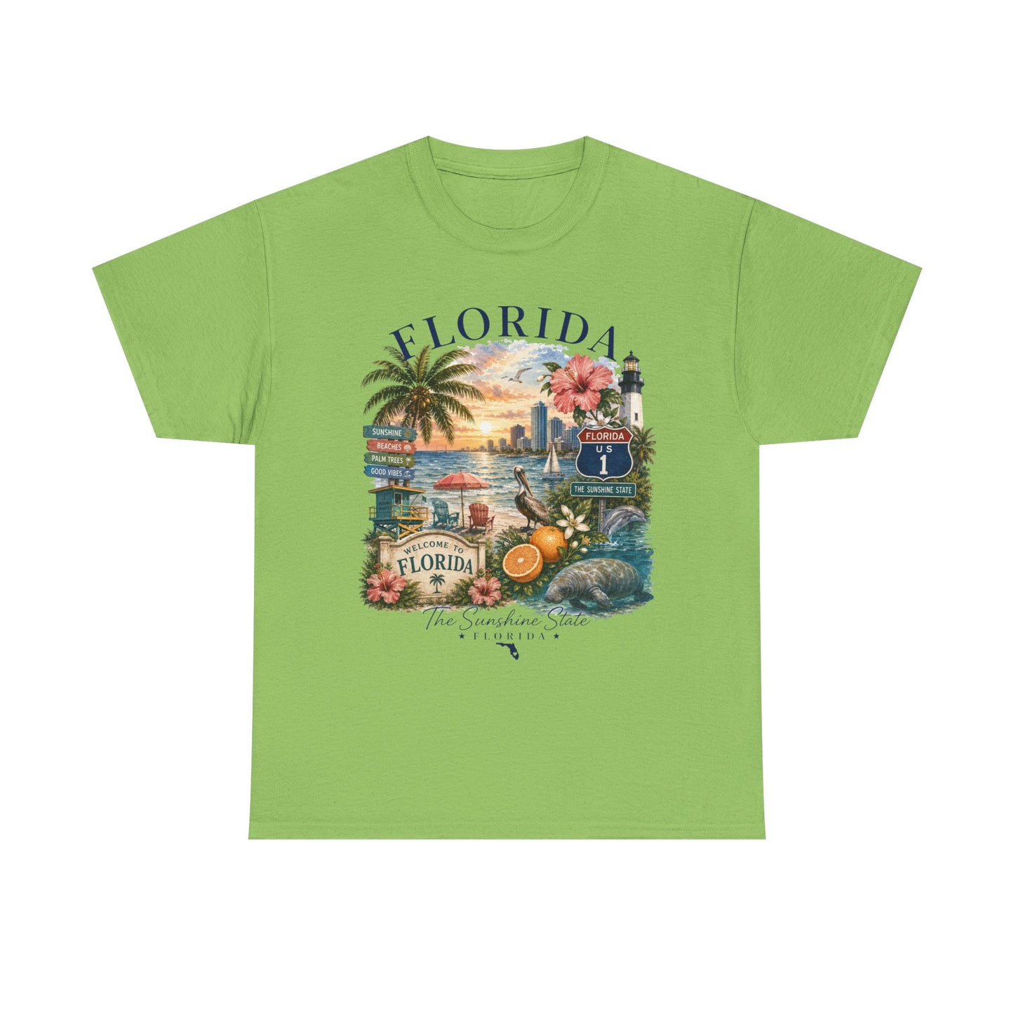 Florida Vintage Travel T-Shirt — Retro Beach Sunset, Lighthouse & Oranges Tee