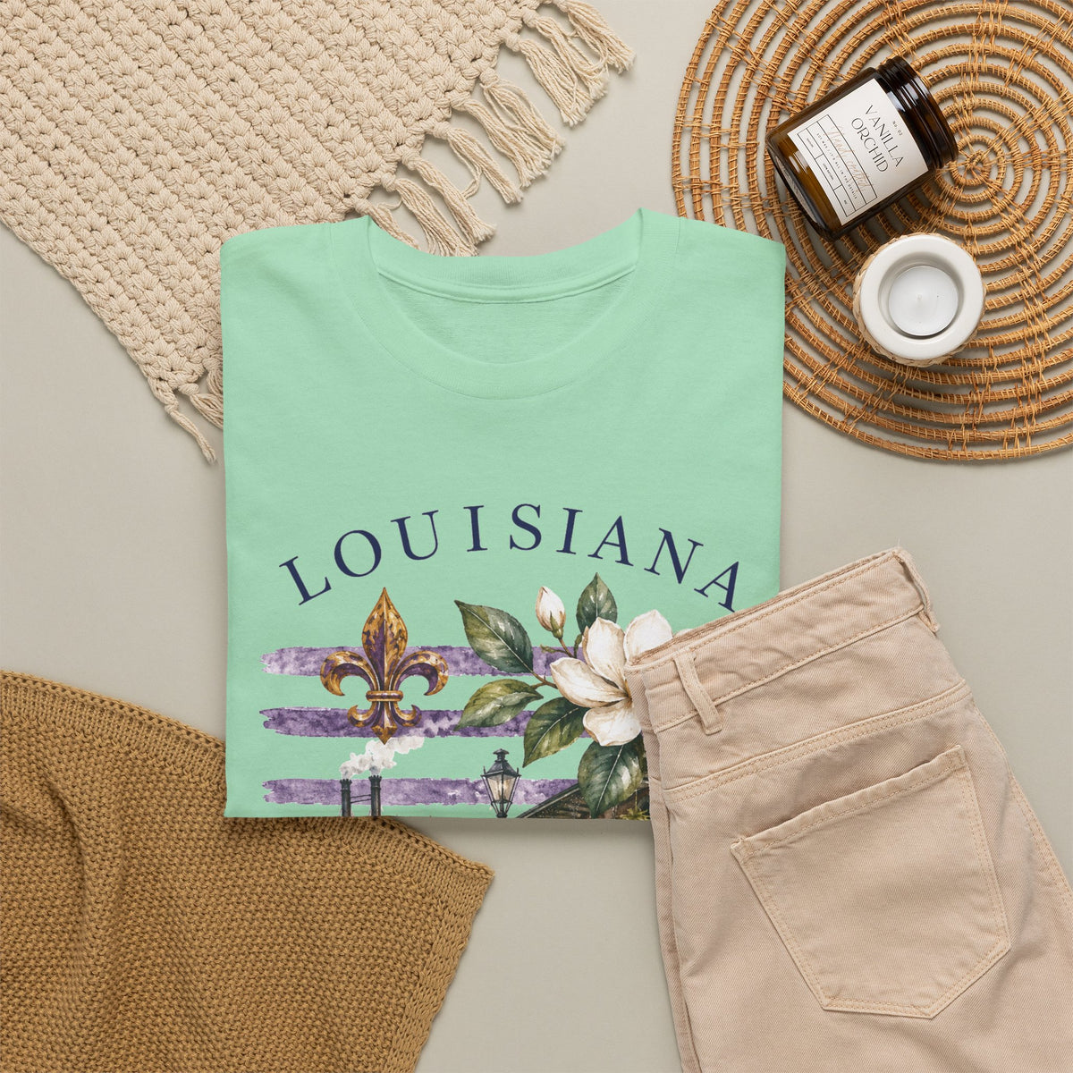 Louisiana Vintage Collage T-Shirt — Magnolia, Steamboat & Cajun Icons Tee