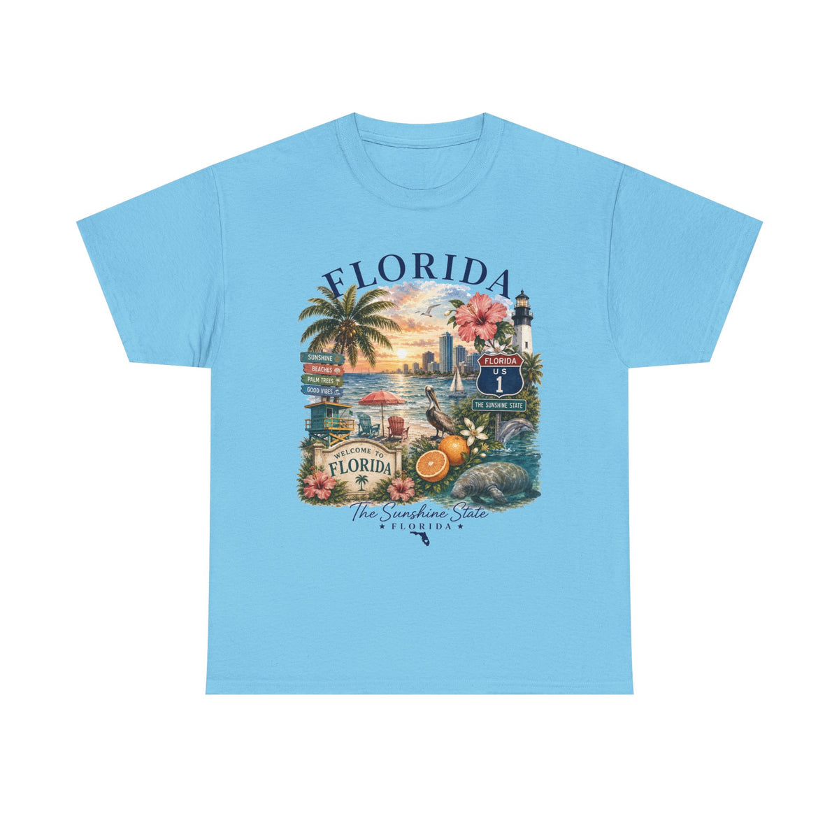 Florida Vintage Travel T-Shirt — Retro Beach Sunset, Lighthouse & Oranges Tee