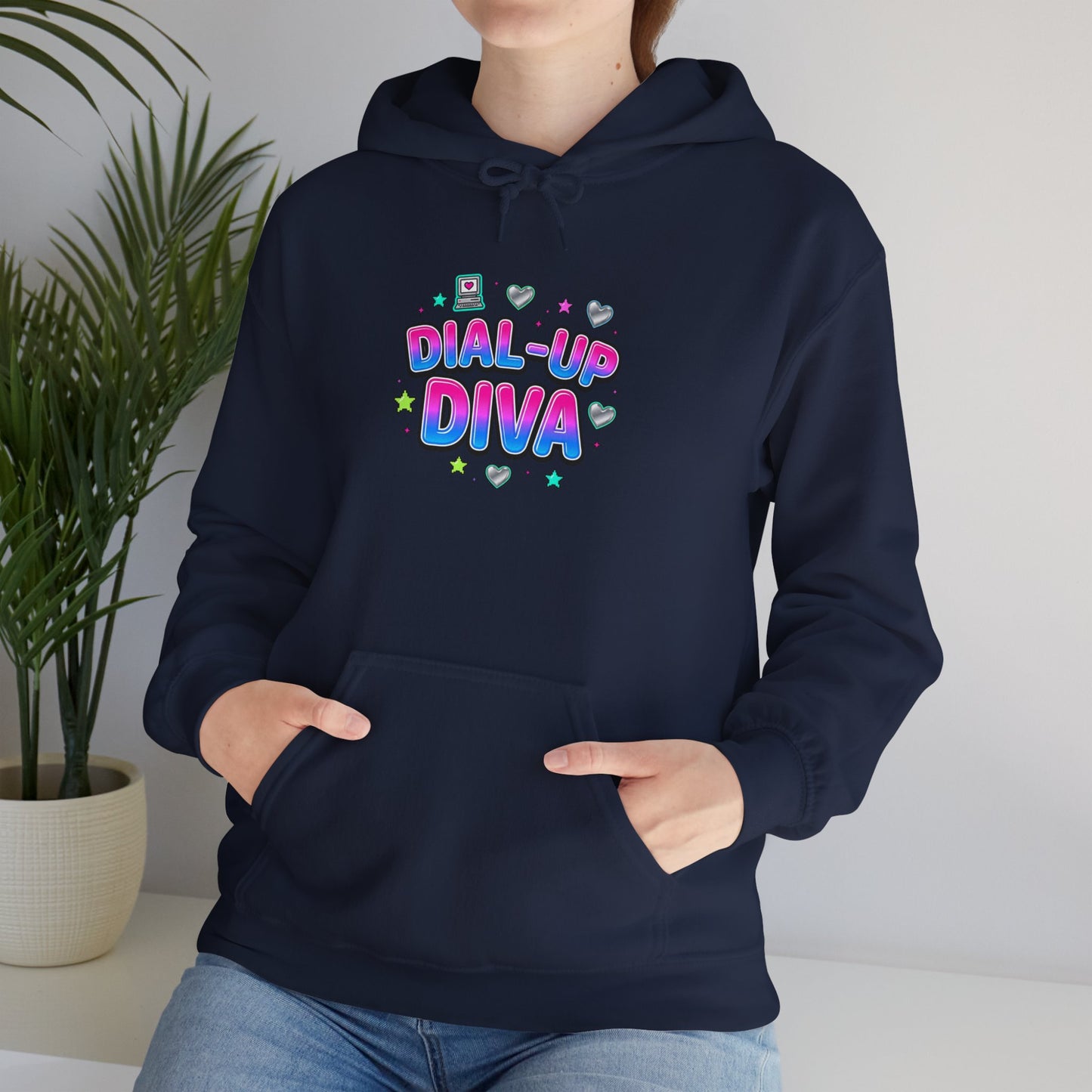 Dial-Up Diva Hoodie Y2K slogan, hot pink bubble text, cyber nostalgia