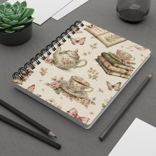 Tea & Pages Floral Tea & Books Spiral Journal — Vintage Botanical Notebook for Writing, Notes & Gifts