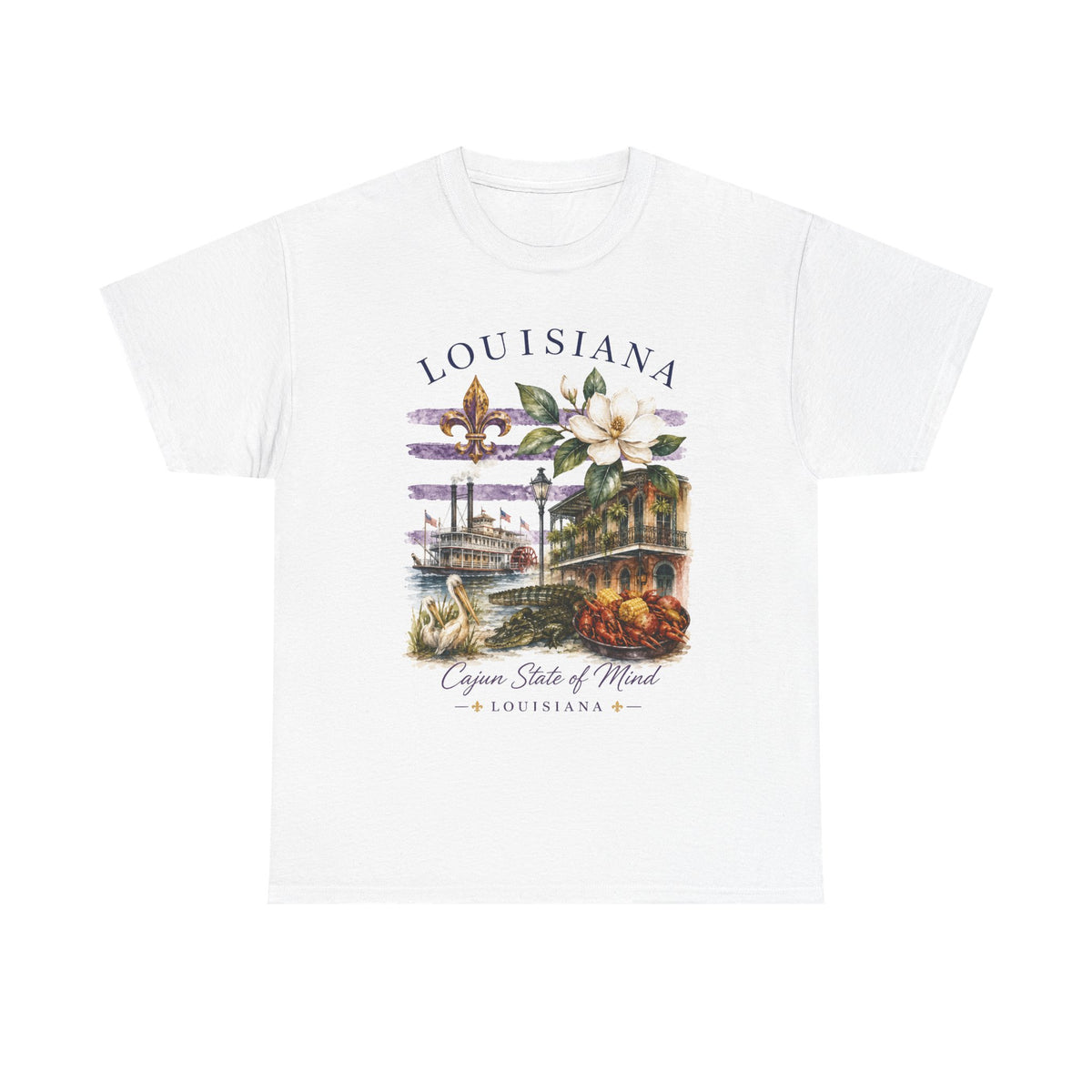 Louisiana Vintage Collage T-Shirt — Magnolia, Steamboat & Cajun Icons Tee