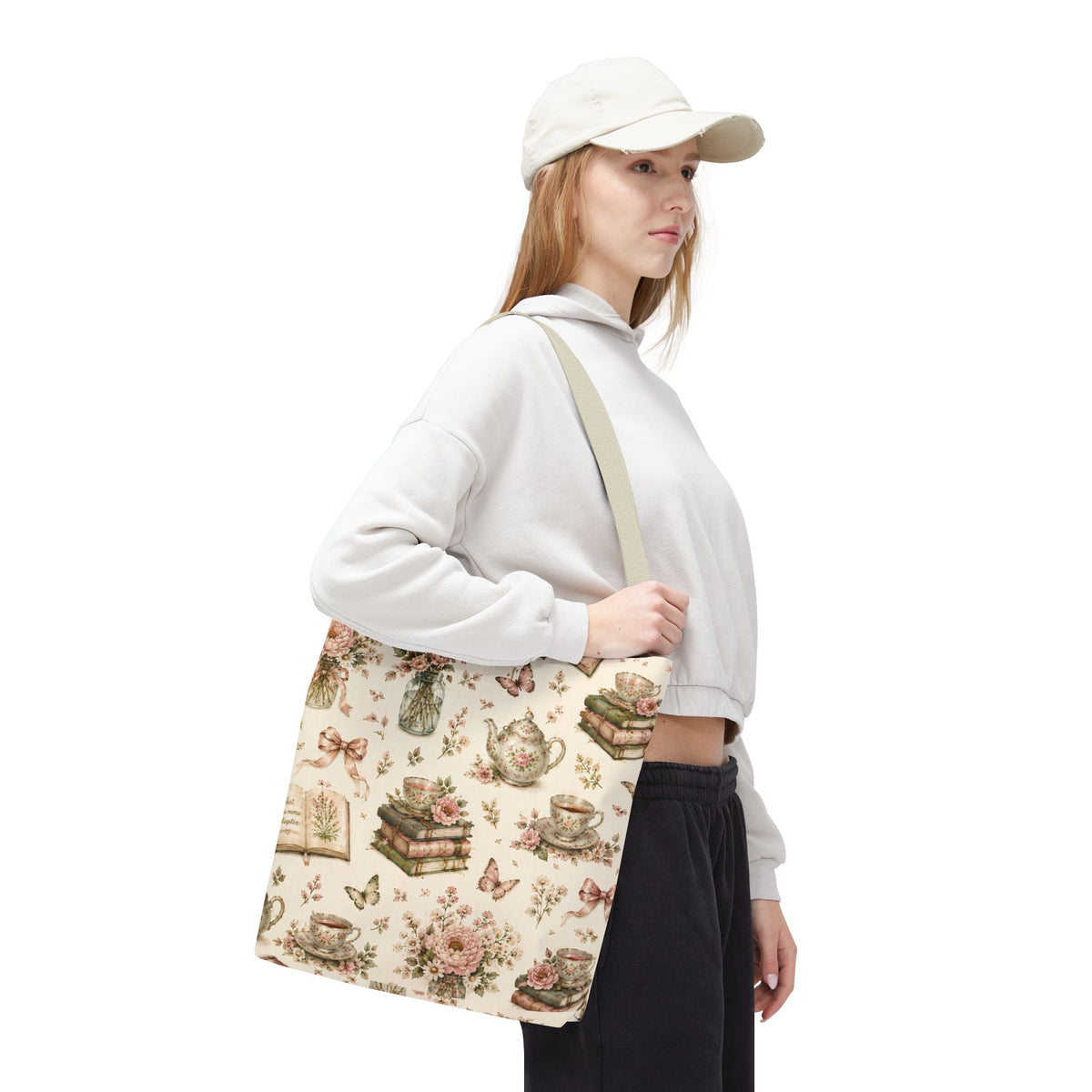 Tea & Pages Floral Books Tote Bag — Vintage Garden Print AOP