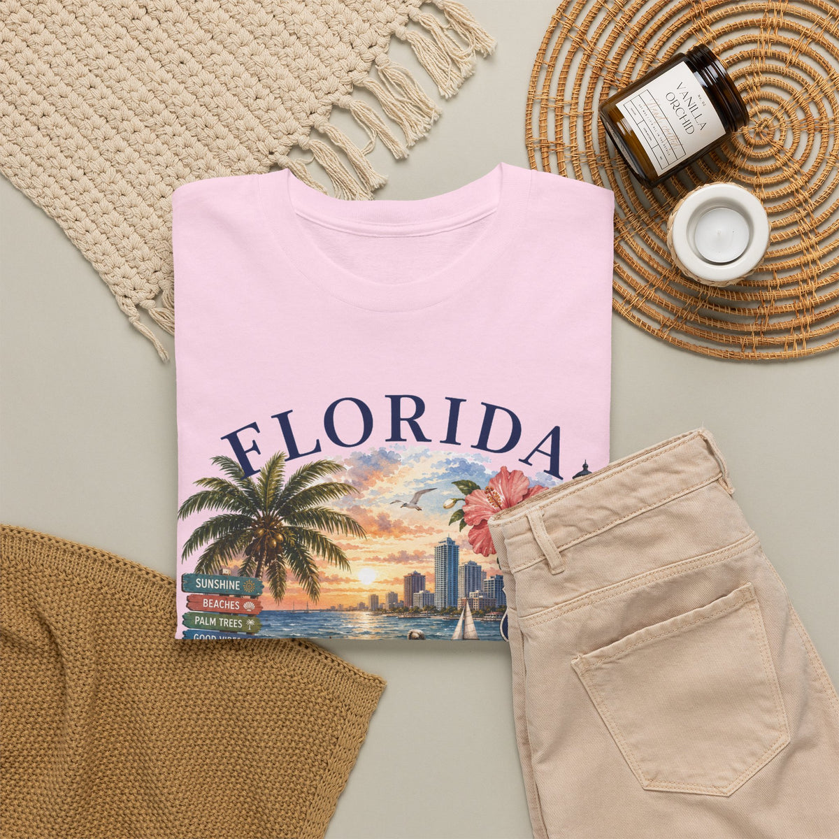 Florida Vintage Travel T-Shirt — Retro Beach Sunset, Lighthouse & Oranges Tee