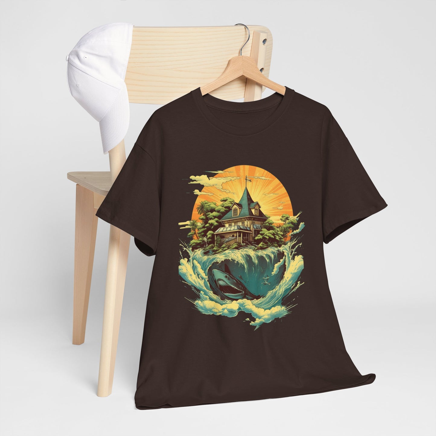 Scenic Whale & Cottage T-Shirt — Vintage Sunset Ocean Graphic Tee