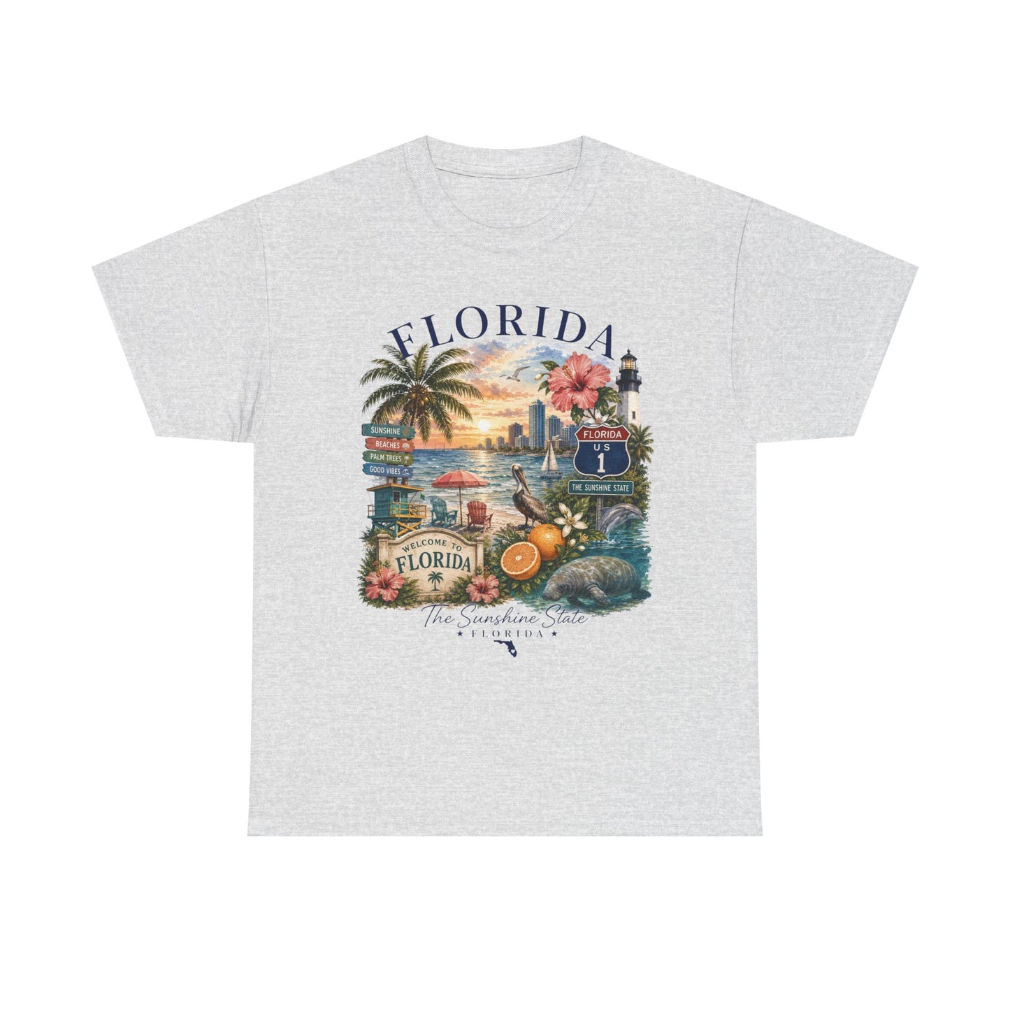 Florida Vintage Travel T-Shirt — Retro Beach Sunset, Lighthouse & Oranges Tee