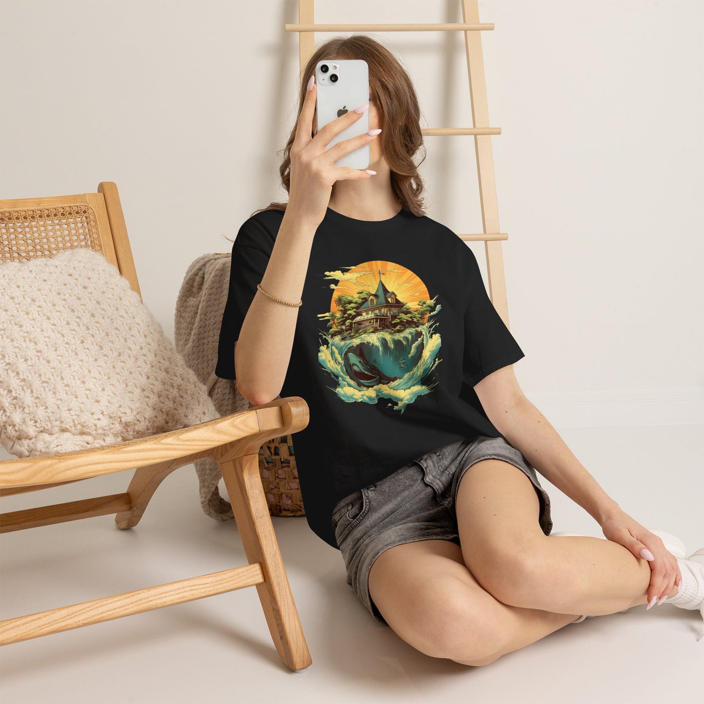 Scenic Whale & Cottage T-Shirt — Vintage Sunset Ocean Graphic Tee