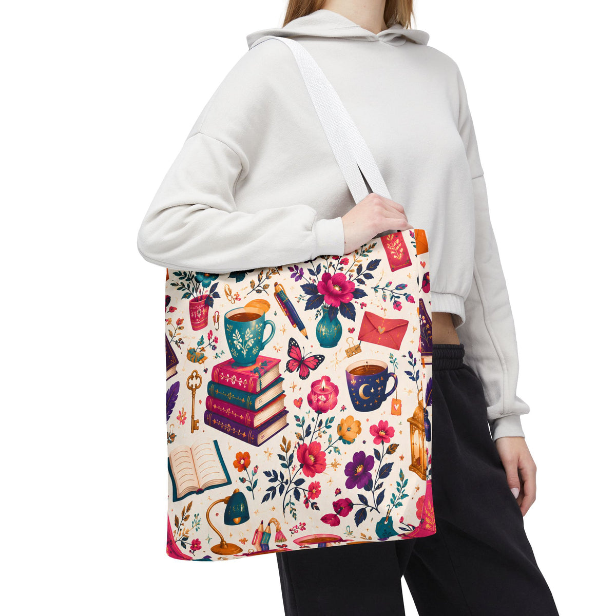 Whimsy & Wonder Floral Books Tote Bag — Vintage Garden Print AOP