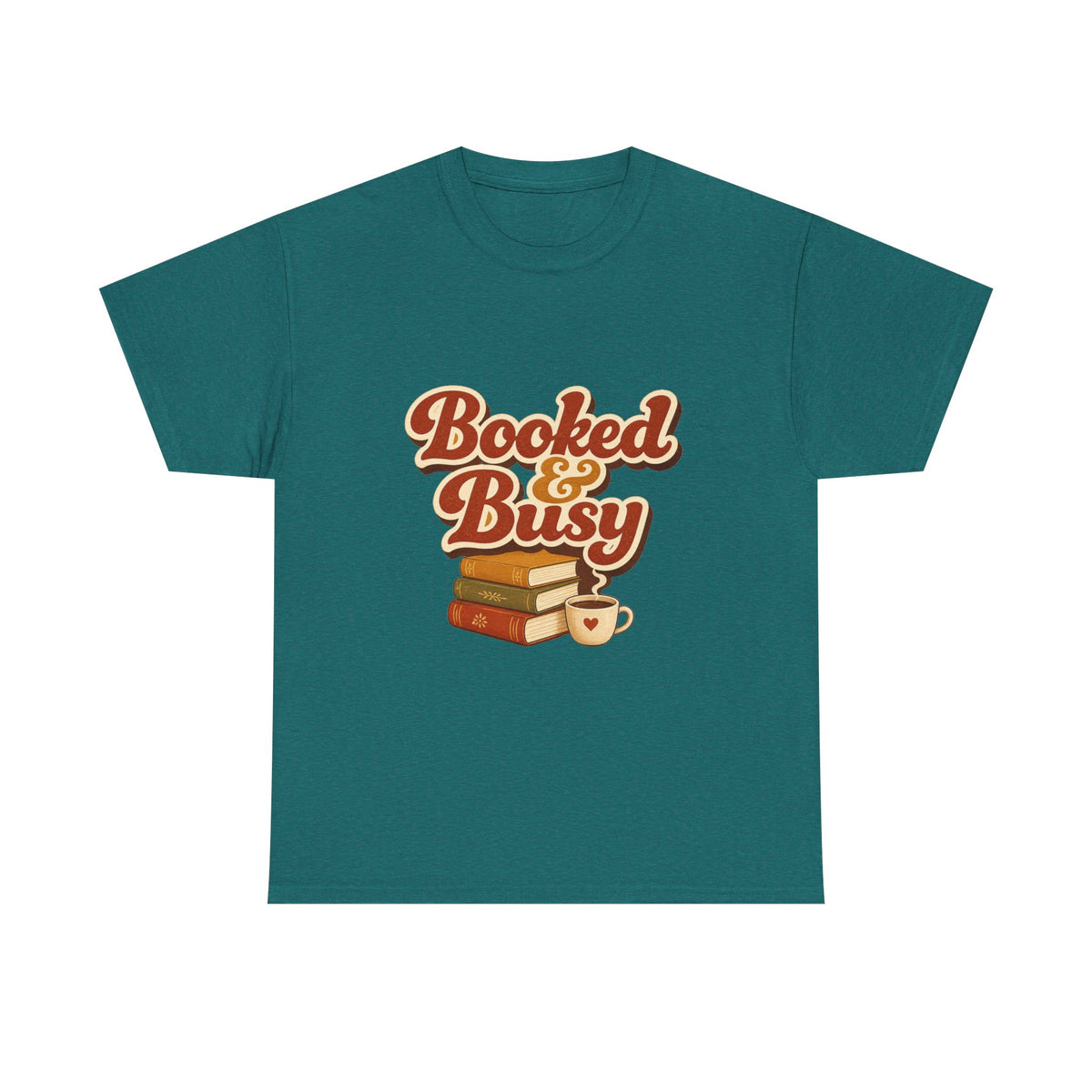 Booked & Busy T-Shirt — Cozy Book Lover Tee with Coffee Stack