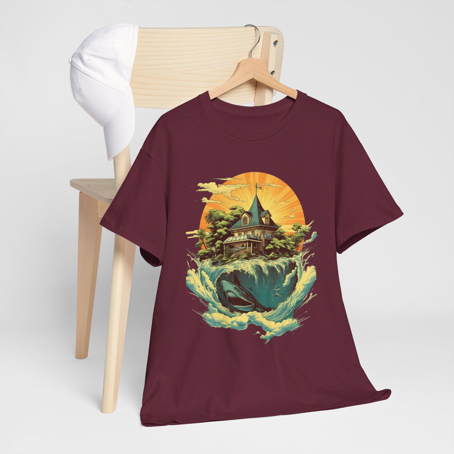 Scenic Whale & Cottage T-Shirt — Vintage Sunset Ocean Graphic Tee