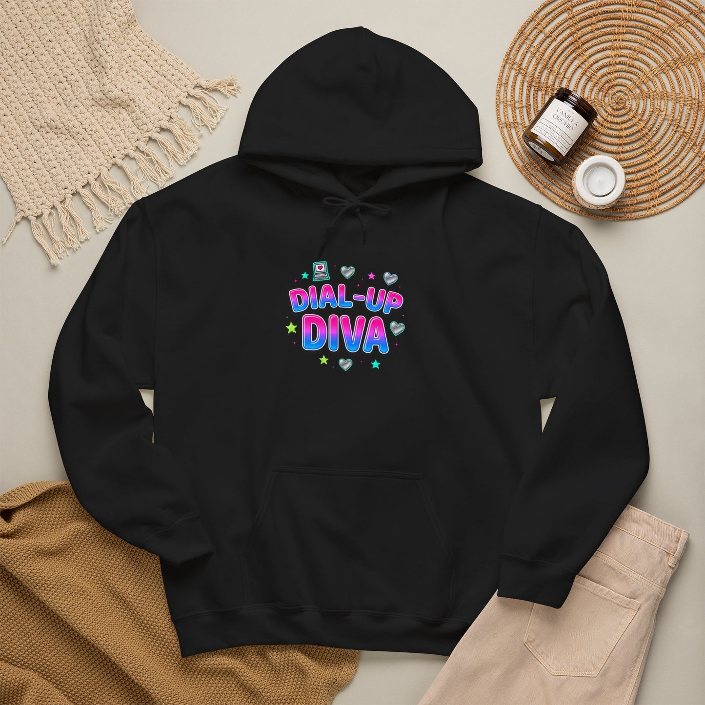 Dial-Up Diva Hoodie Y2K slogan, hot pink bubble text, cyber nostalgia