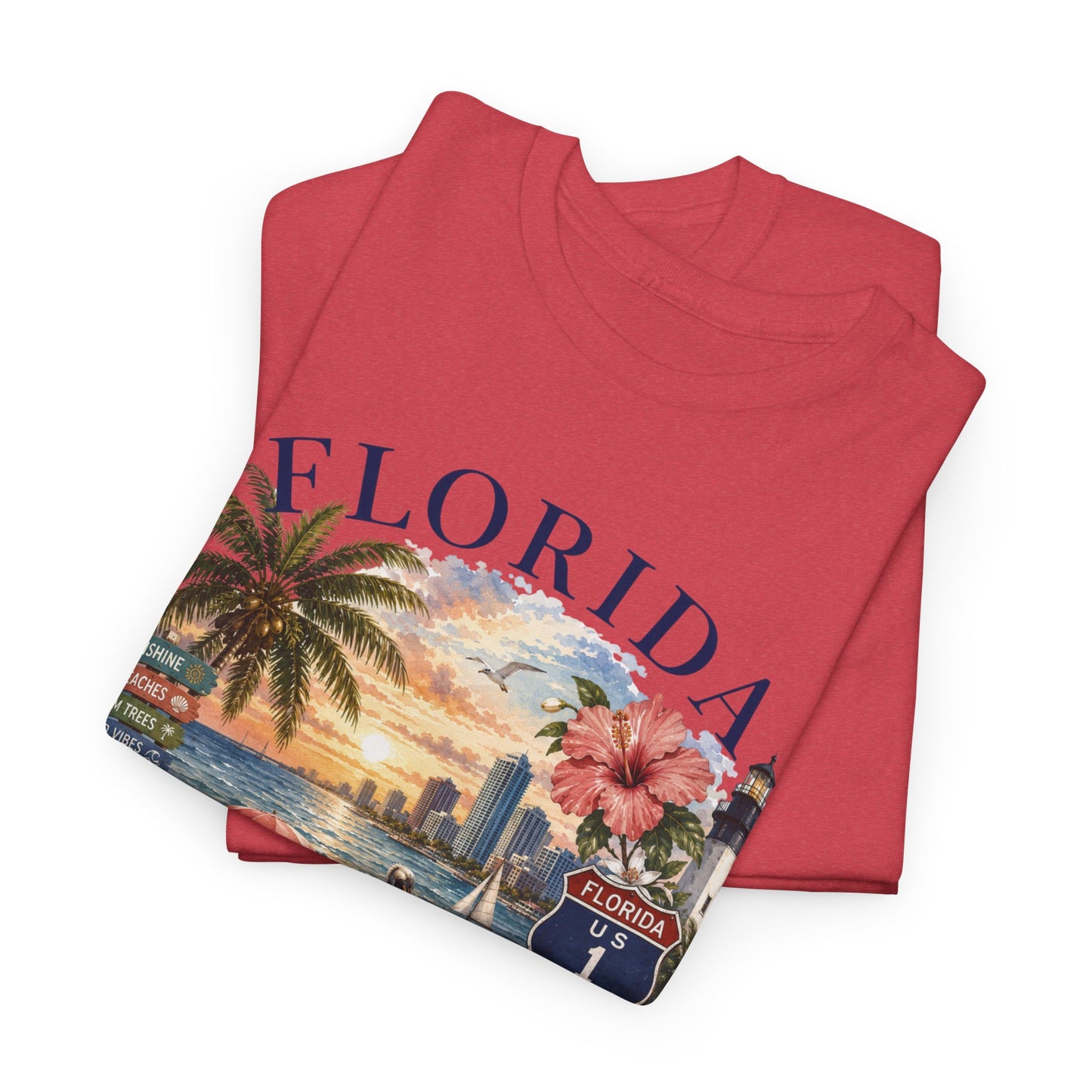 Florida Vintage Travel T-Shirt — Retro Beach Sunset, Lighthouse & Oranges Tee