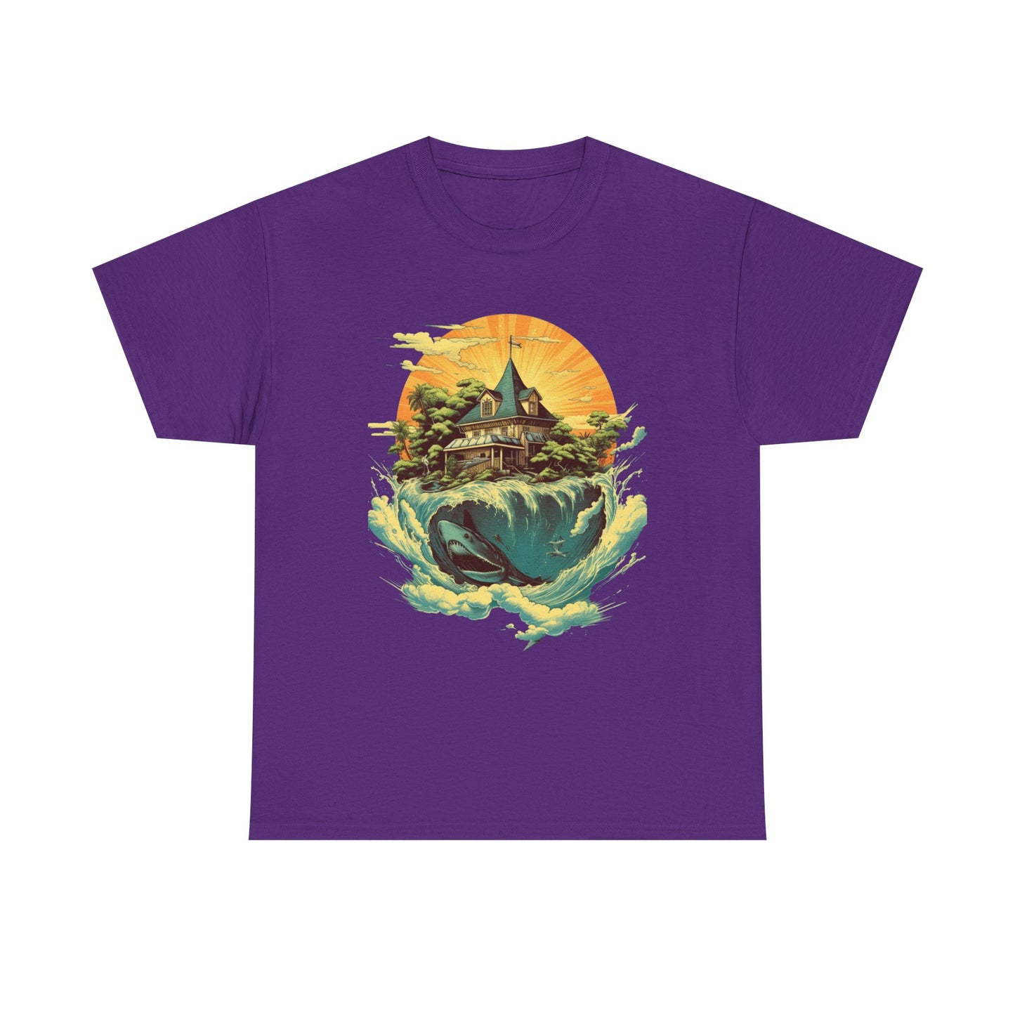 Scenic Whale & Cottage T-Shirt — Vintage Sunset Ocean Graphic Tee