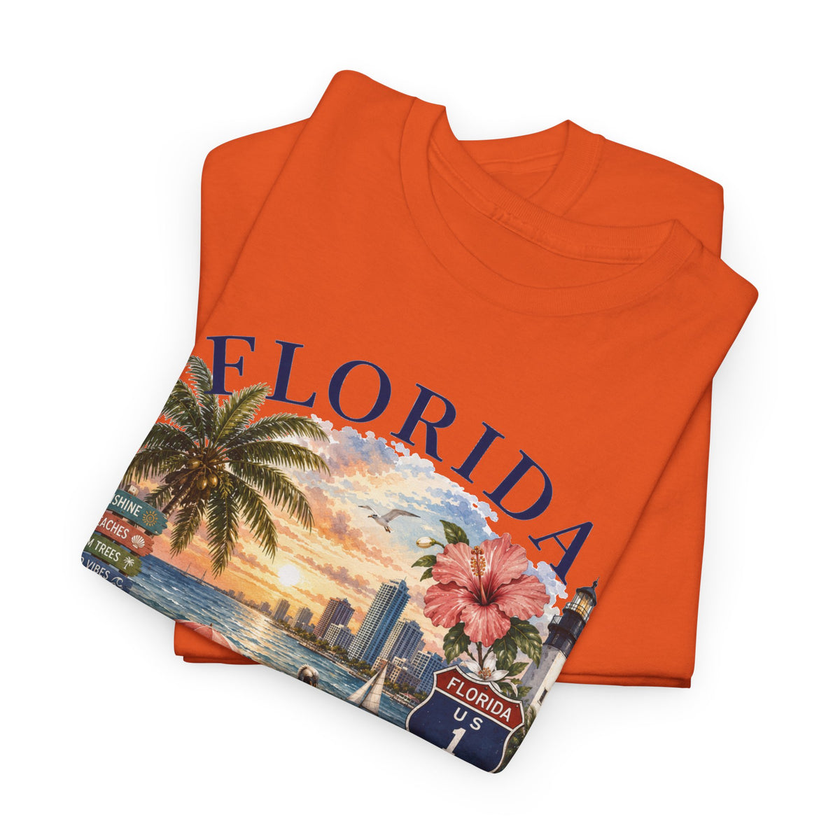 Florida Vintage Travel T-Shirt — Retro Beach Sunset, Lighthouse & Oranges Tee