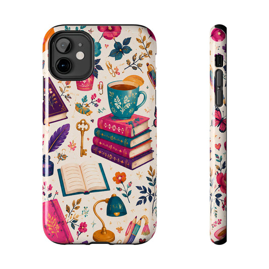 Whimsy & Wonder Floral Tea & Books Tough Phone Case — Vintage Cottagecore Floral Pattern