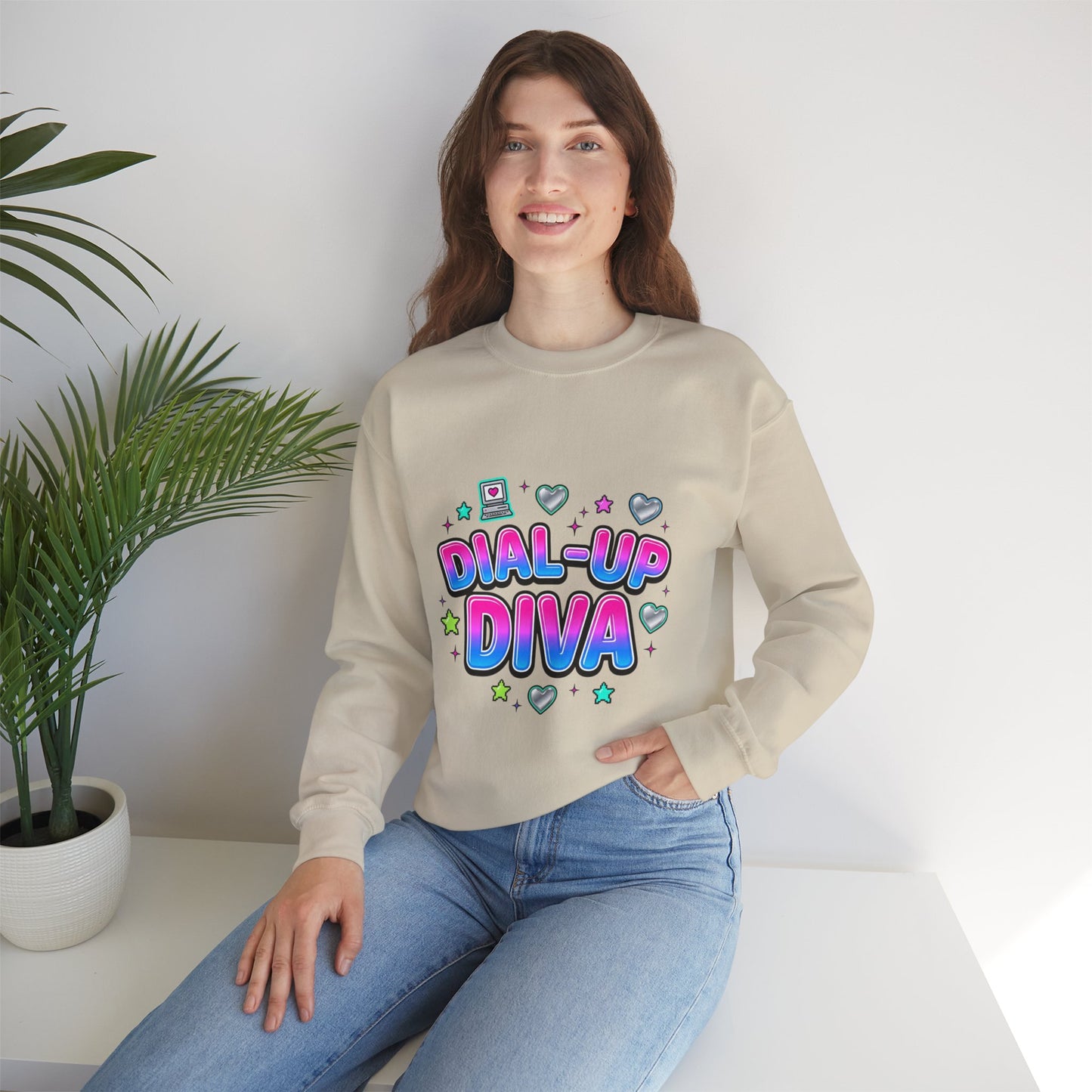 Dial-Up Diva Sweatshirt Y2K slogan, hot pink cyber nostalgia