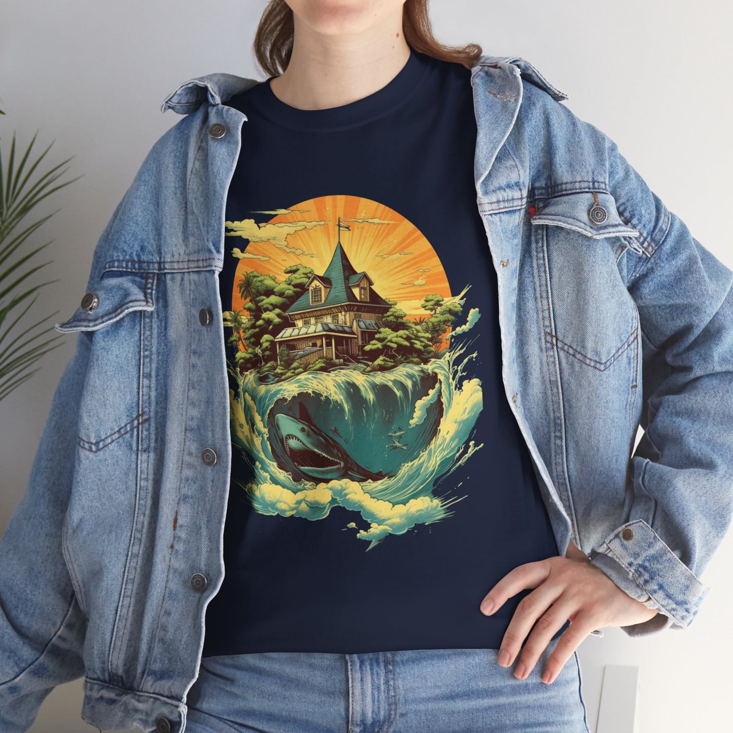 Scenic Whale & Cottage T-Shirt — Vintage Sunset Ocean Graphic Tee