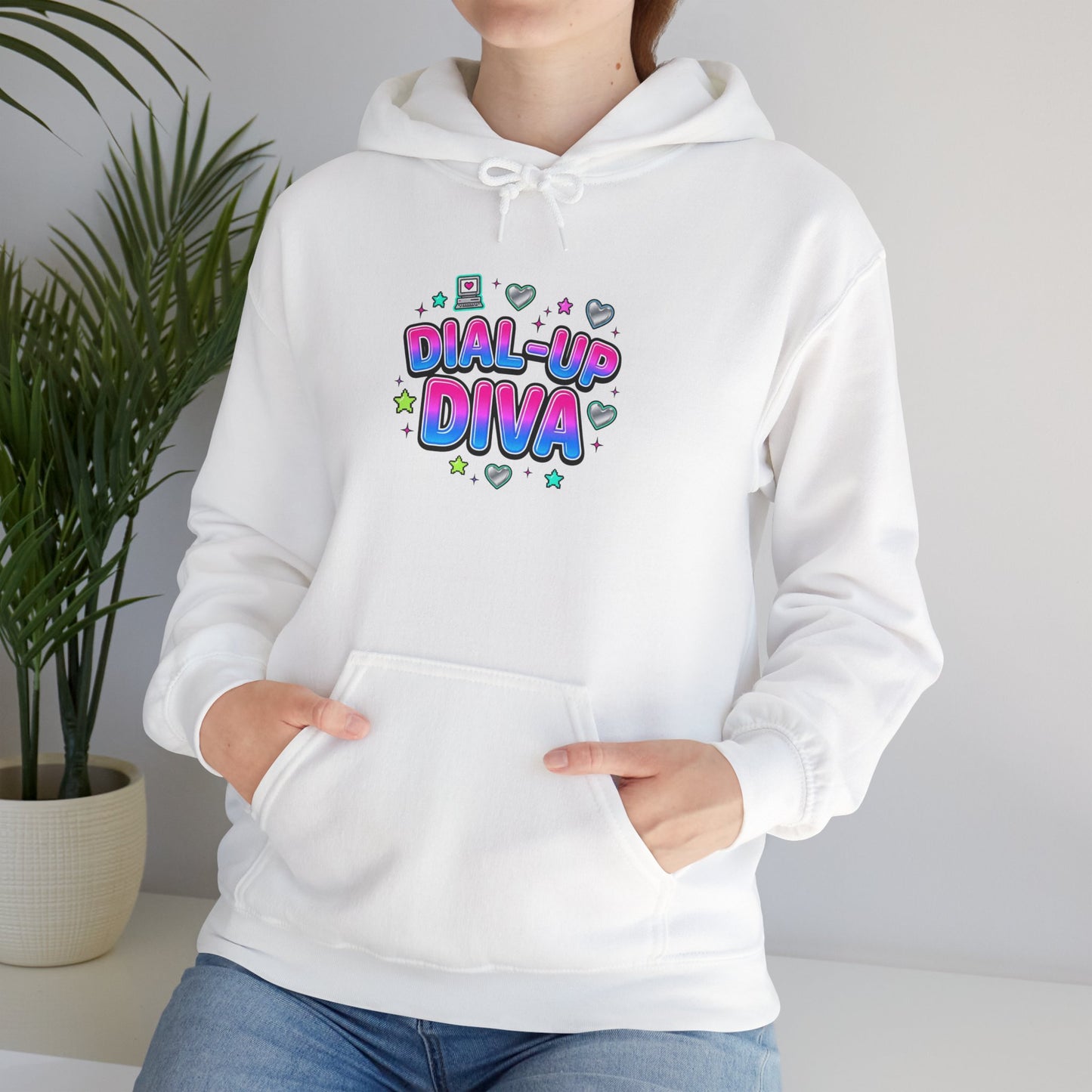 Dial-Up Diva Hoodie Y2K slogan, hot pink bubble text, cyber nostalgia