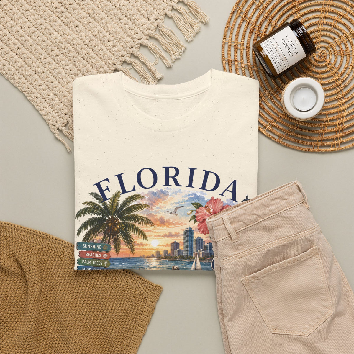 Florida Vintage Travel T-Shirt — Retro Beach Sunset, Lighthouse & Oranges Tee