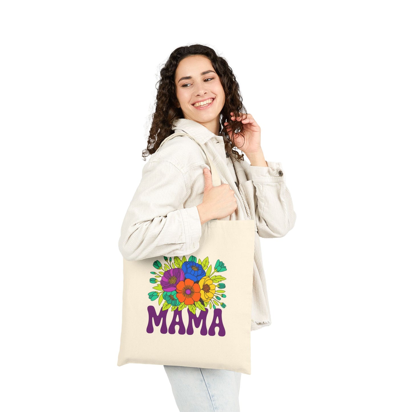 Mama Floral Tote Bag Cotton Canvas Shopper with Flower Design