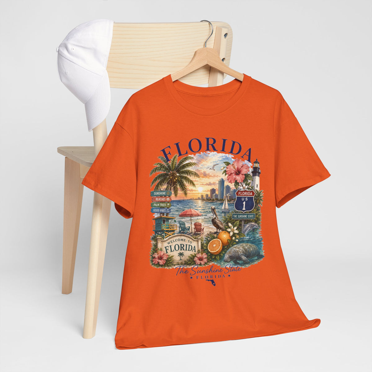 Florida Vintage Travel T-Shirt — Retro Beach Sunset, Lighthouse & Oranges Tee