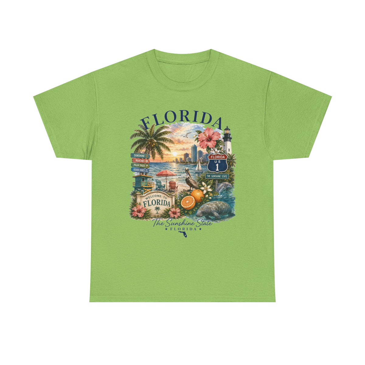 Florida Vintage Travel T-Shirt — Retro Beach Sunset, Lighthouse & Oranges Tee