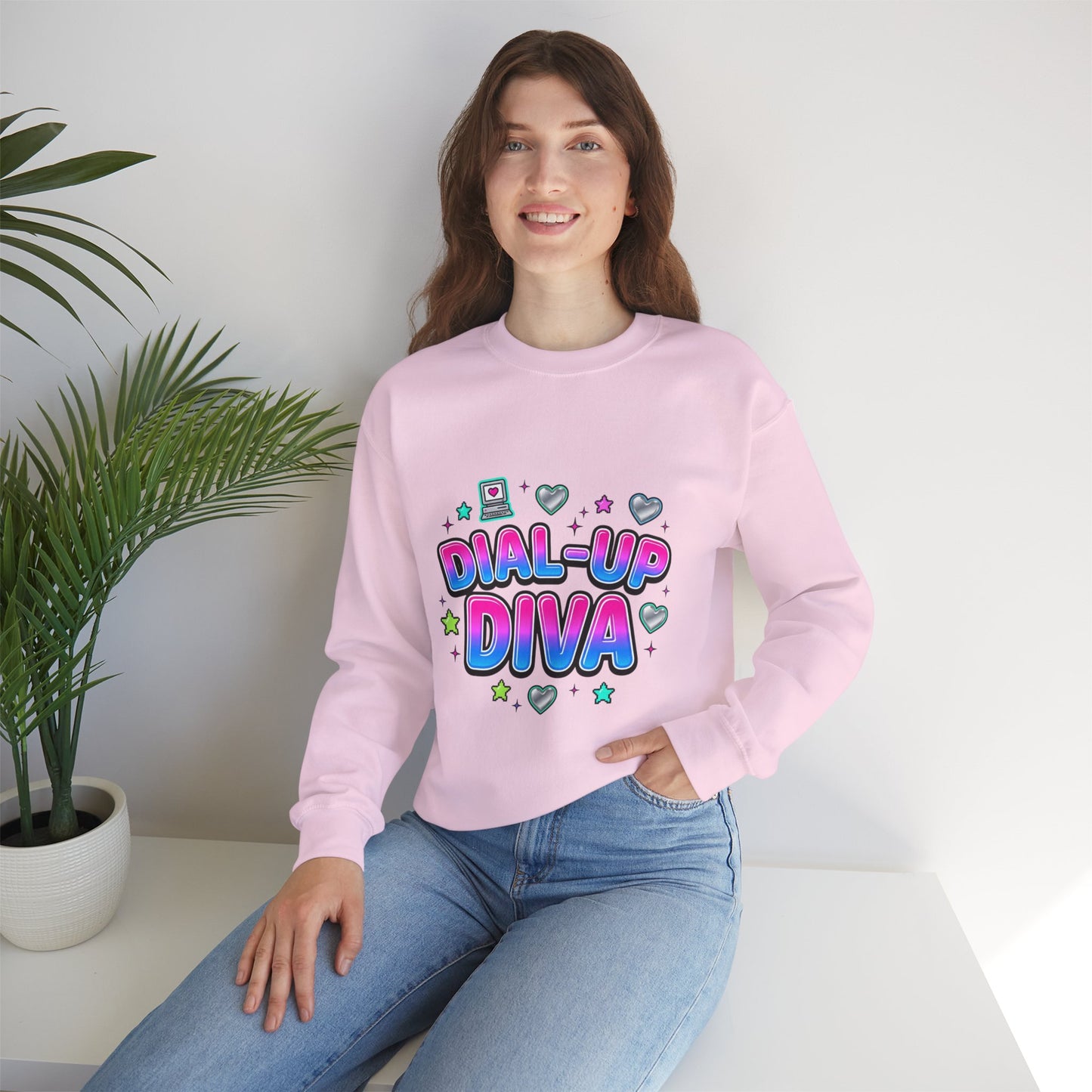 Dial-Up Diva Sweatshirt Y2K slogan, hot pink cyber nostalgia