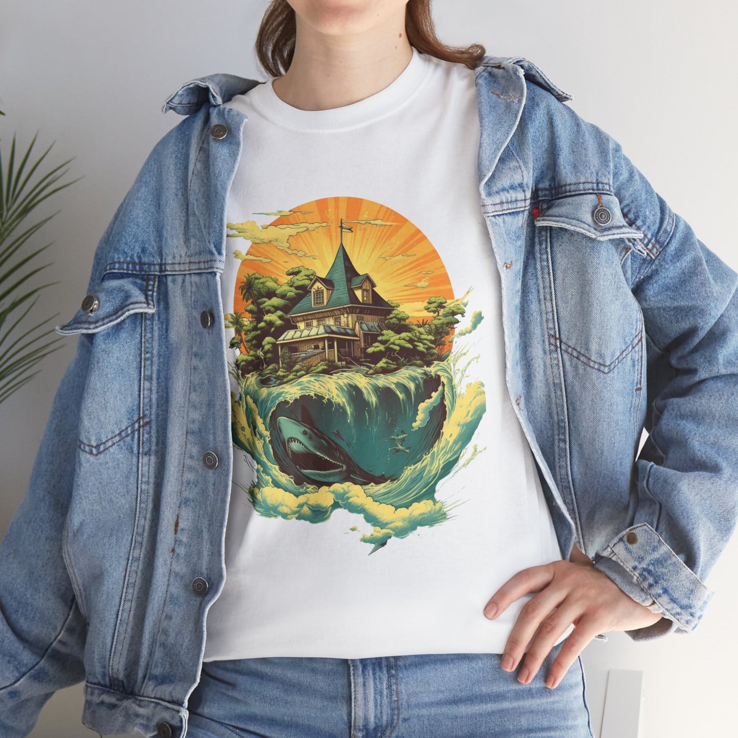 Scenic Whale & Cottage T-Shirt — Vintage Sunset Ocean Graphic Tee