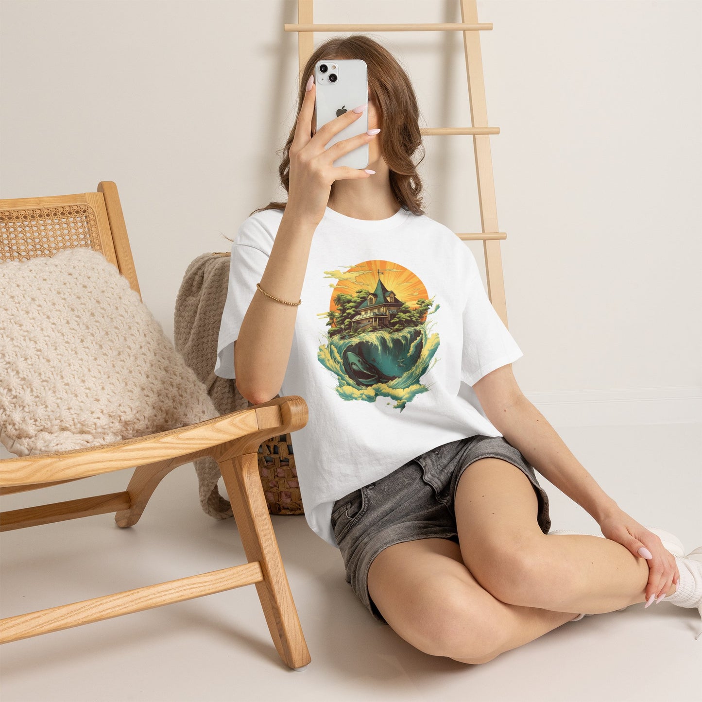 Scenic Whale & Cottage T-Shirt — Vintage Sunset Ocean Graphic Tee