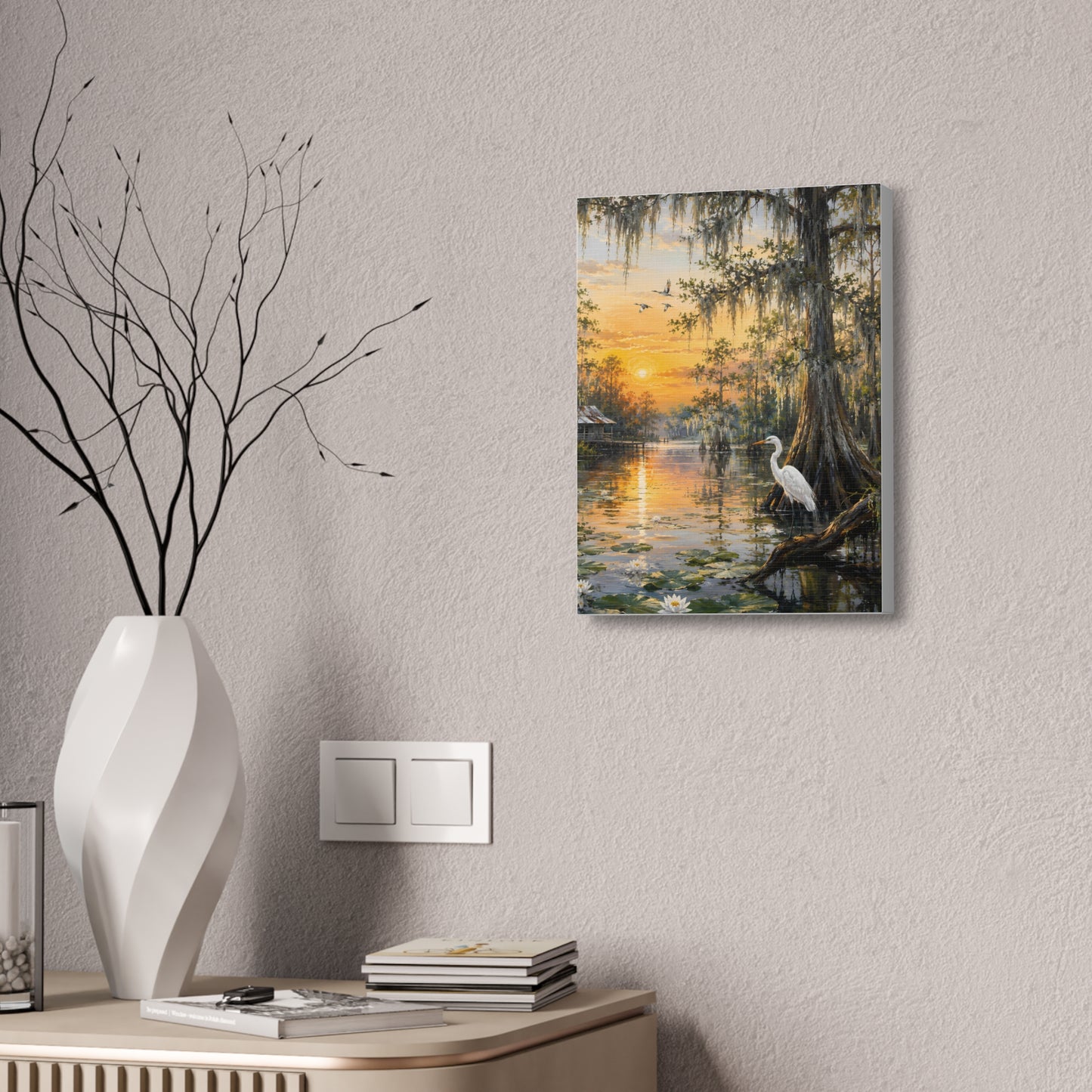 Louisiana Sunset Bayou Canvas Wall Art — Egret & Cypress Stretched Print