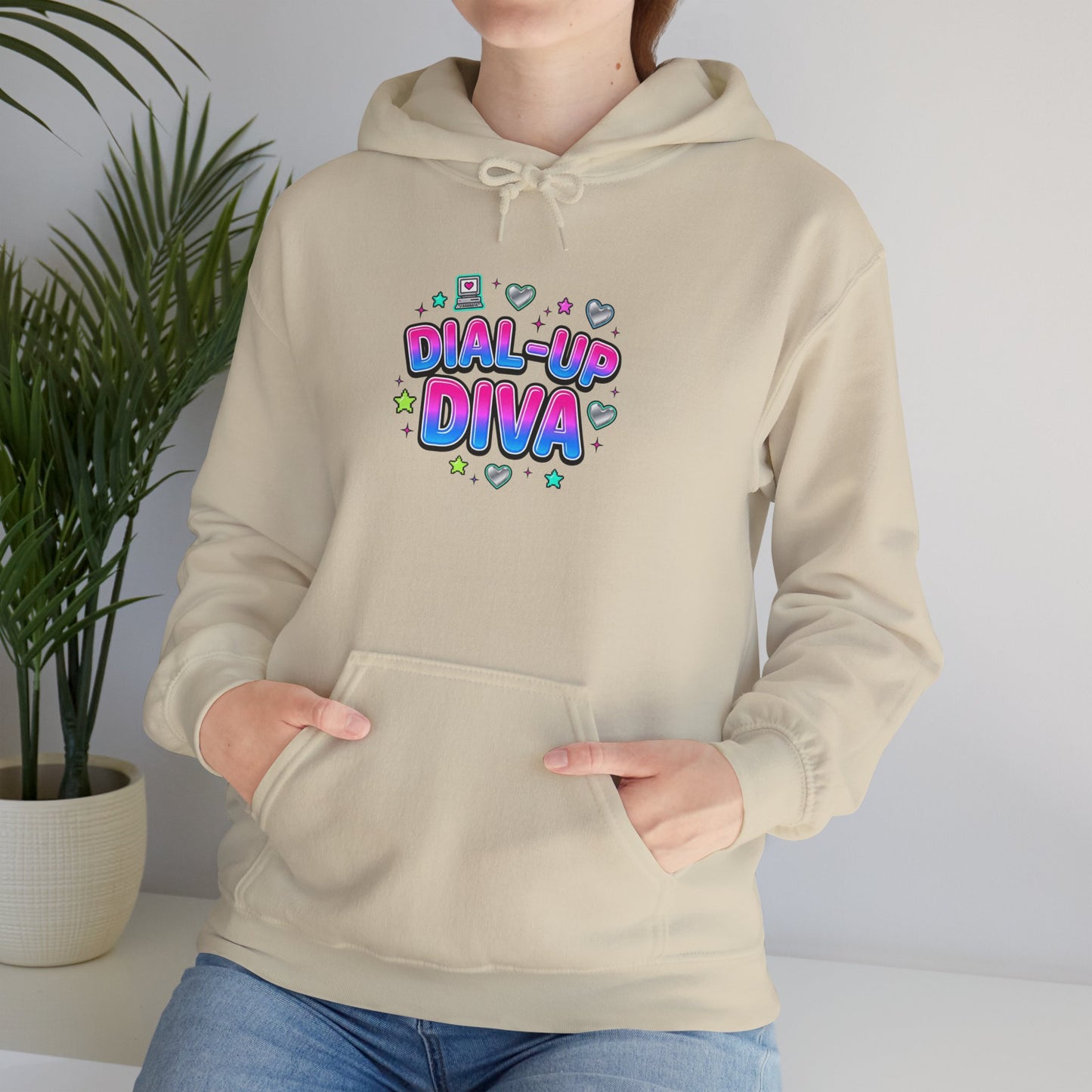 Dial-Up Diva Hoodie Y2K slogan, hot pink bubble text, cyber nostalgia