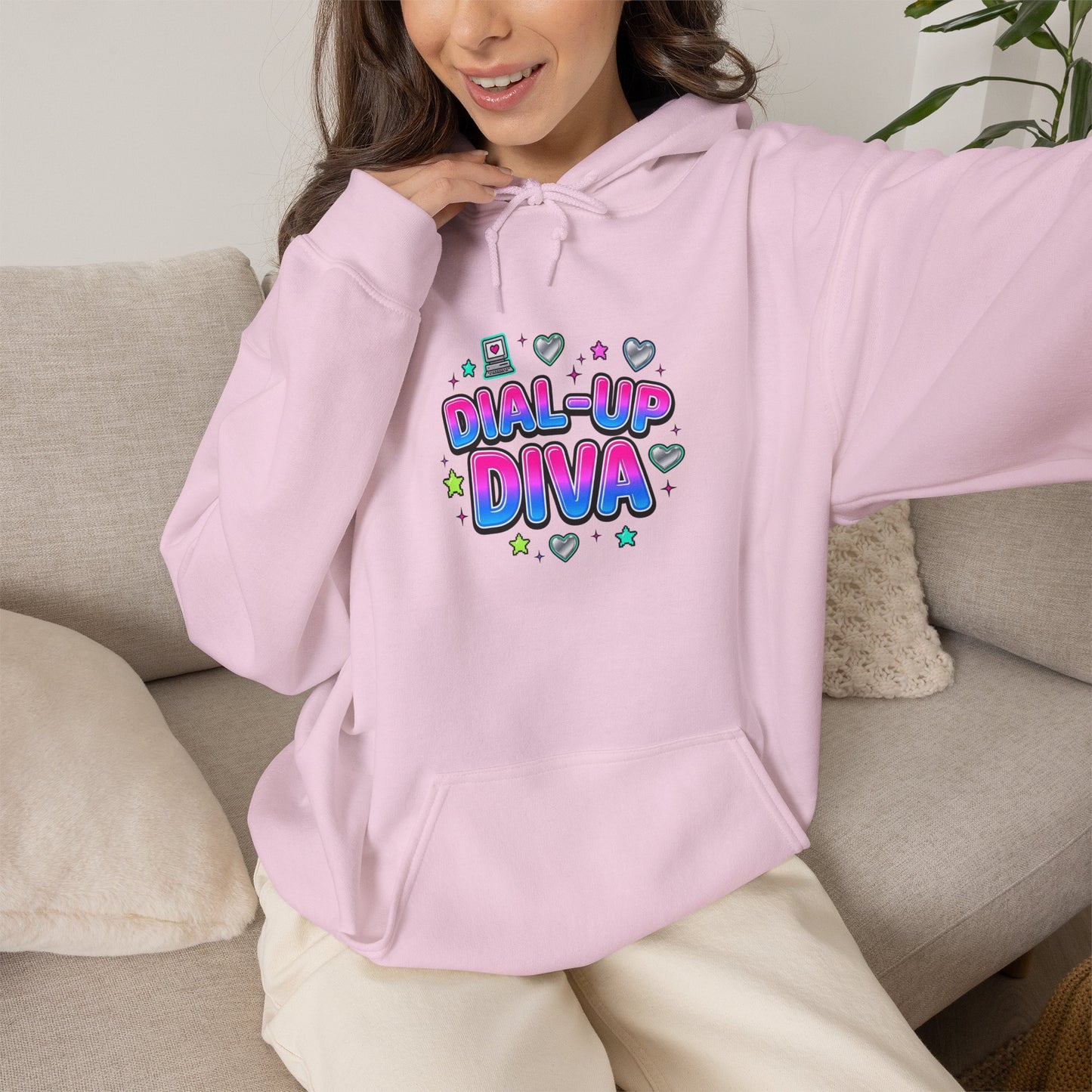 Dial-Up Diva Hoodie Y2K slogan, hot pink bubble text, cyber nostalgia