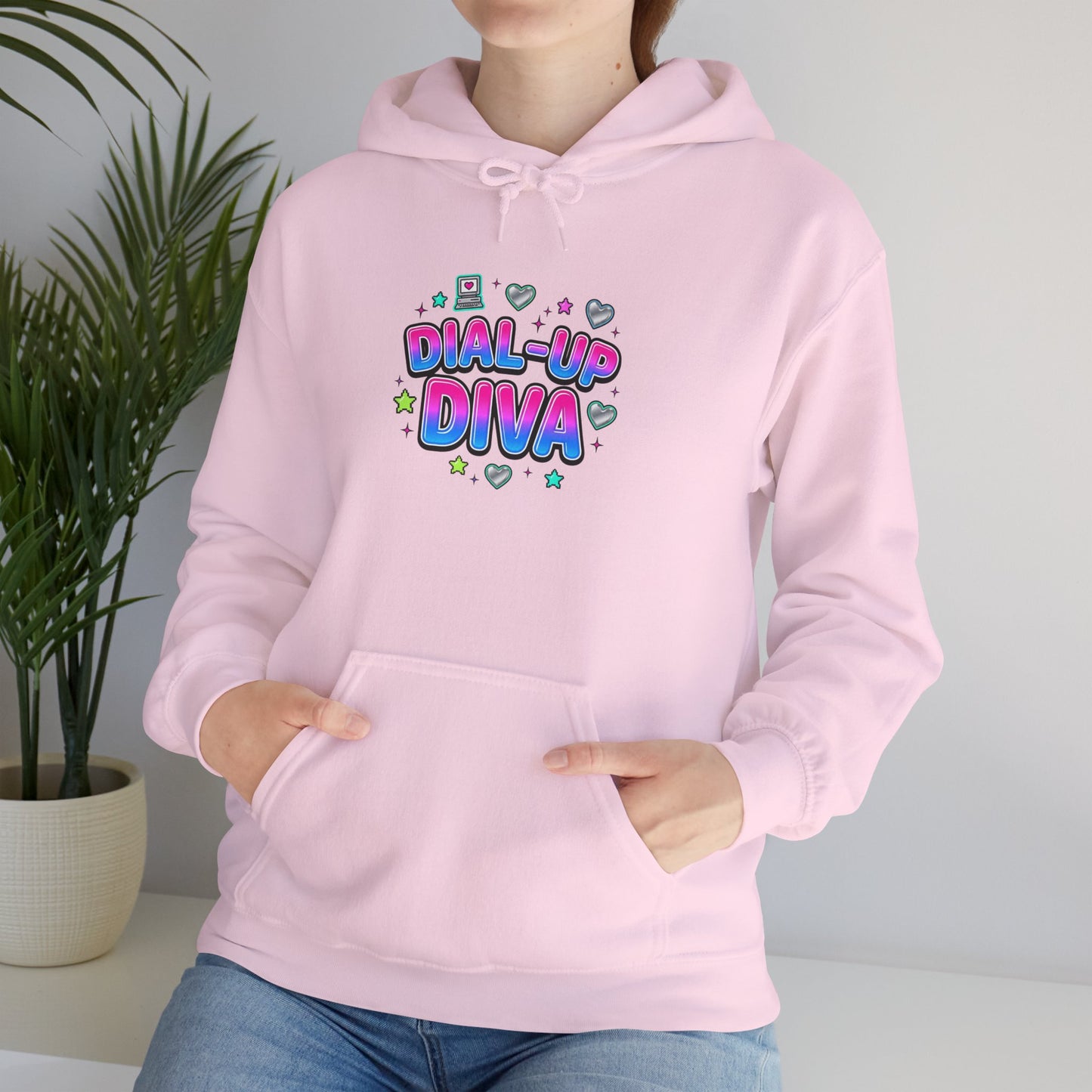 Dial-Up Diva Hoodie Y2K slogan, hot pink bubble text, cyber nostalgia
