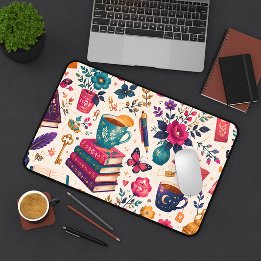 Whimsy & Wonder Floral Tea & Books Desk Mat — Vintage Cottagecore Mouse Pad