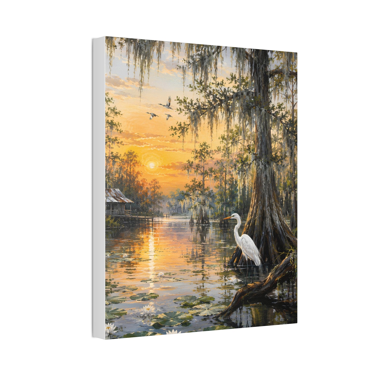 Louisiana Sunset Bayou Canvas Wall Art — Egret & Cypress Stretched Print