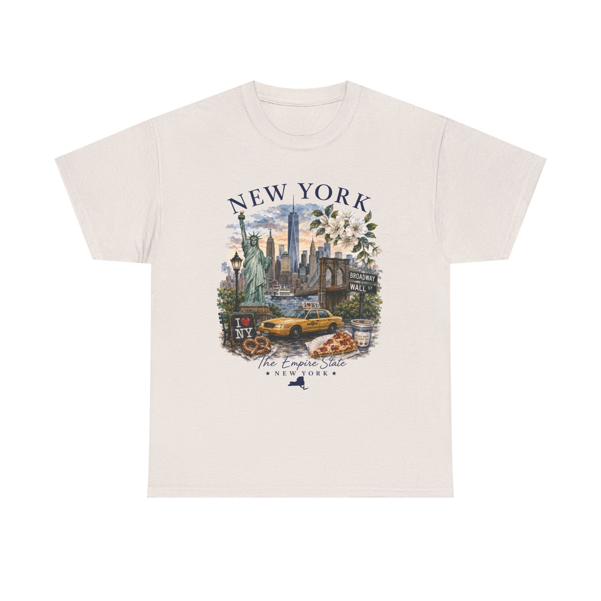 New York City Vintage Travel Tee — NYC Skyline, Yellow Cab & Landmark Collage