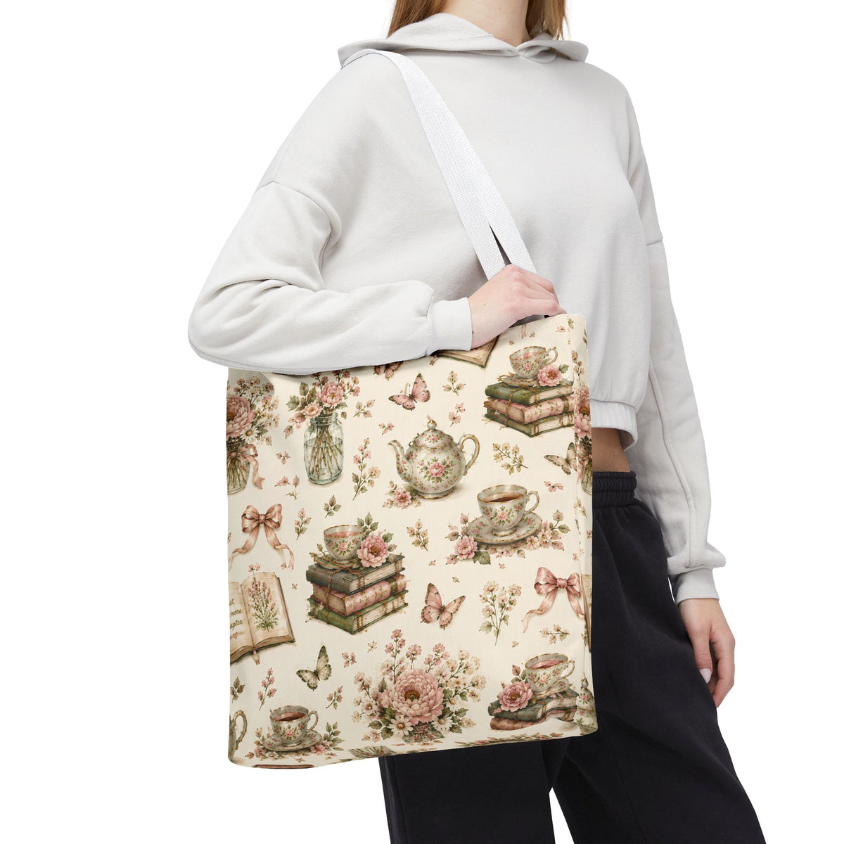Tea & Pages Floral Books Tote Bag — Vintage Garden Print AOP