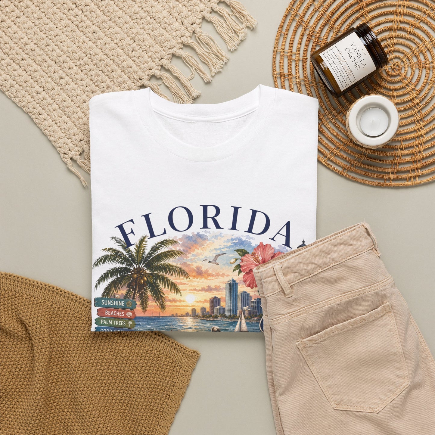 Florida Vintage Travel T-Shirt — Retro Beach Sunset, Lighthouse & Oranges Tee