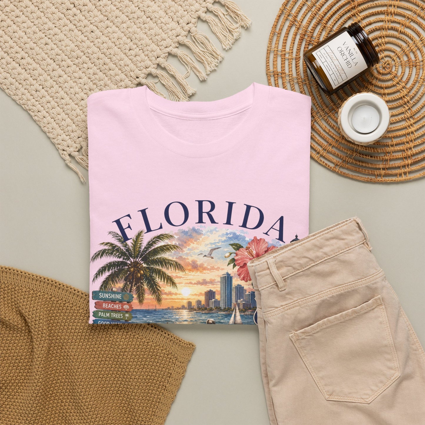 Florida Vintage Travel T-Shirt — Retro Beach Sunset, Lighthouse & Oranges Tee
