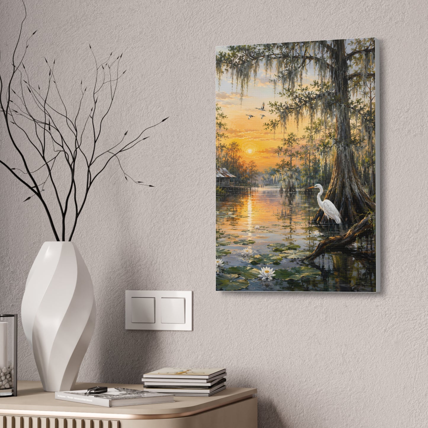 Louisiana Sunset Bayou Canvas Wall Art — Egret & Cypress Stretched Print
