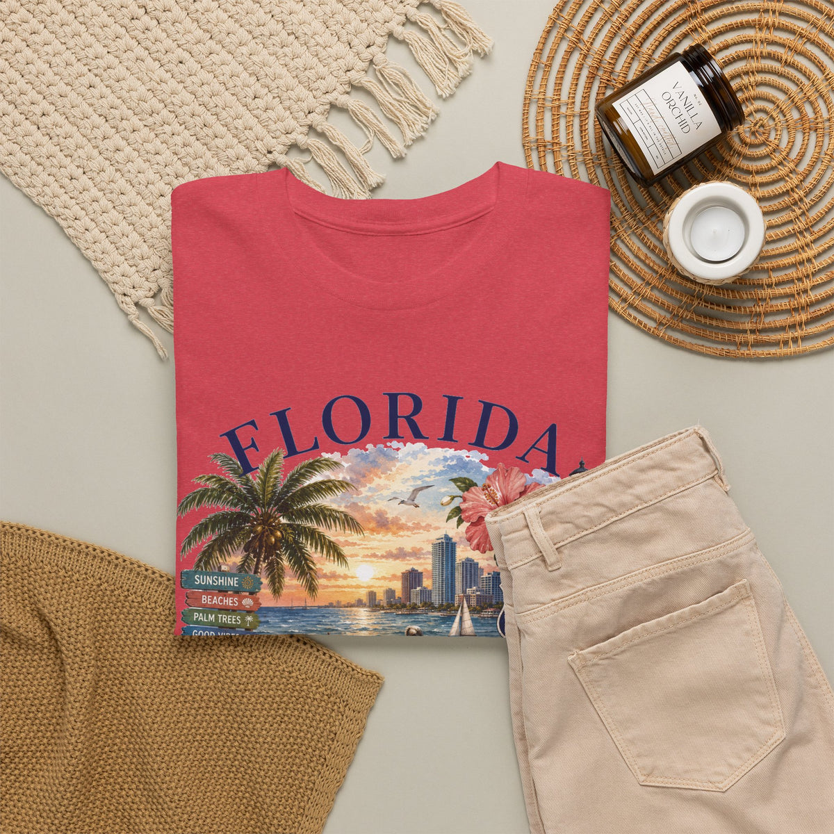 Florida Vintage Travel T-Shirt — Retro Beach Sunset, Lighthouse & Oranges Tee